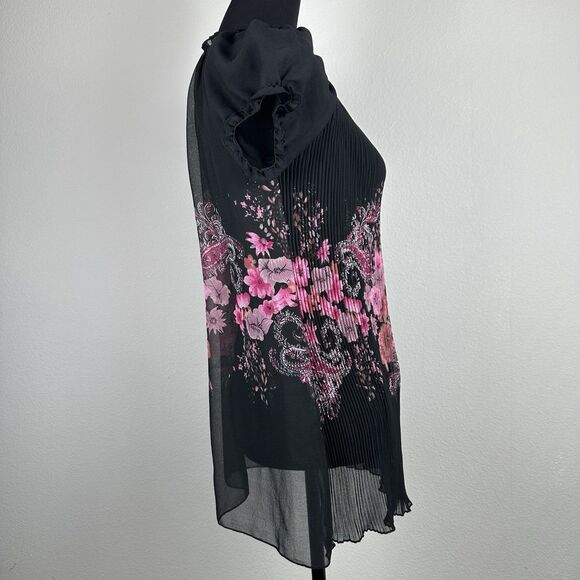 Chaudry KC Top Womens Small Black Sheer Pleated Loose Flowy Tropical Floral NEW - Picture 6 of 13